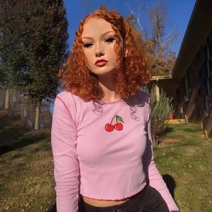 Pink “Cherry Print” Long-Sleeve Crop Top